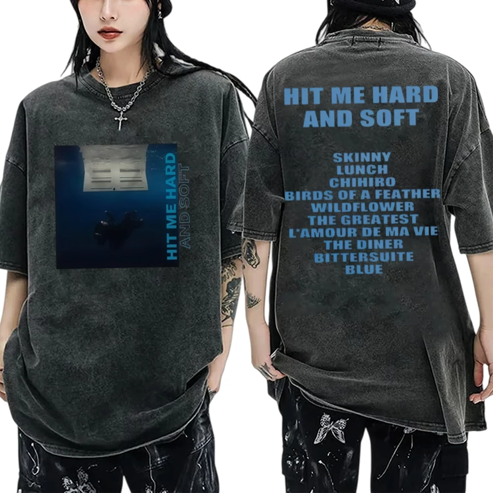 

Футболка Hit Me Hard And Soft Billie Acid Wash 2026 с круглым вырезом, свободная посадка, уличная одежда с короткими рукавами, рубашка в стиле Харадзюку, подарок фанату
