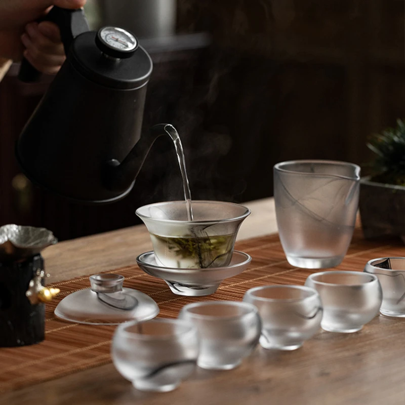 High-grade glazed Kung Fu tea set, ink teapot and teacup set, complete set of household jade porcelain and jade tea.