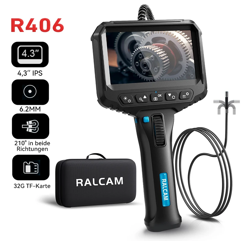 

Ralcam 6.2MM Articulating Borescope 1080P 4.3 Inch IPS Two Way 210° Steering Endoscope Camera 1m Stainless Steel Tube