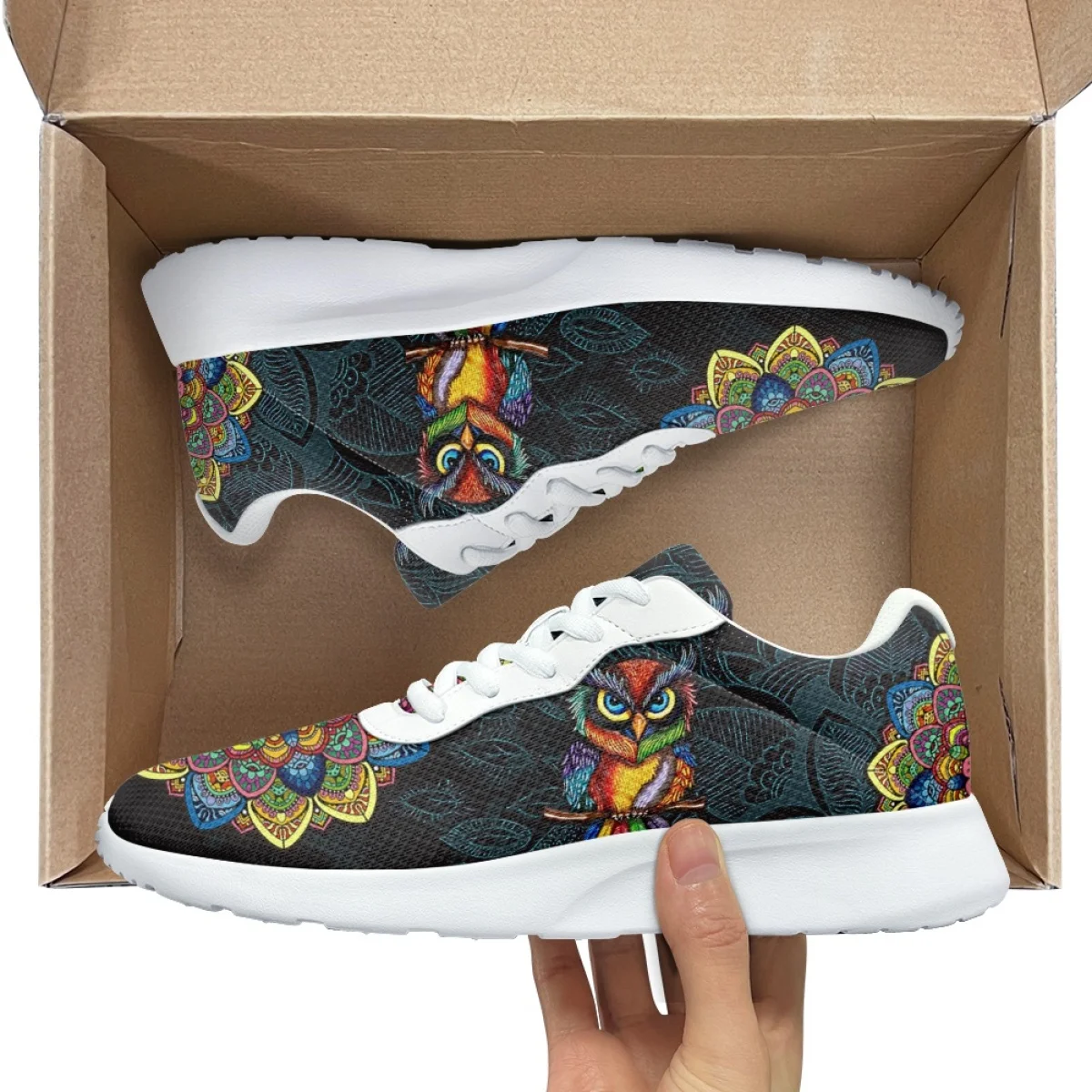 Polynesia Mandala Color Owl Print Breathable Soft Women Casual Shoes Comfort Shock Absorbing Non-slip Ladies Sneaker for Outdoor