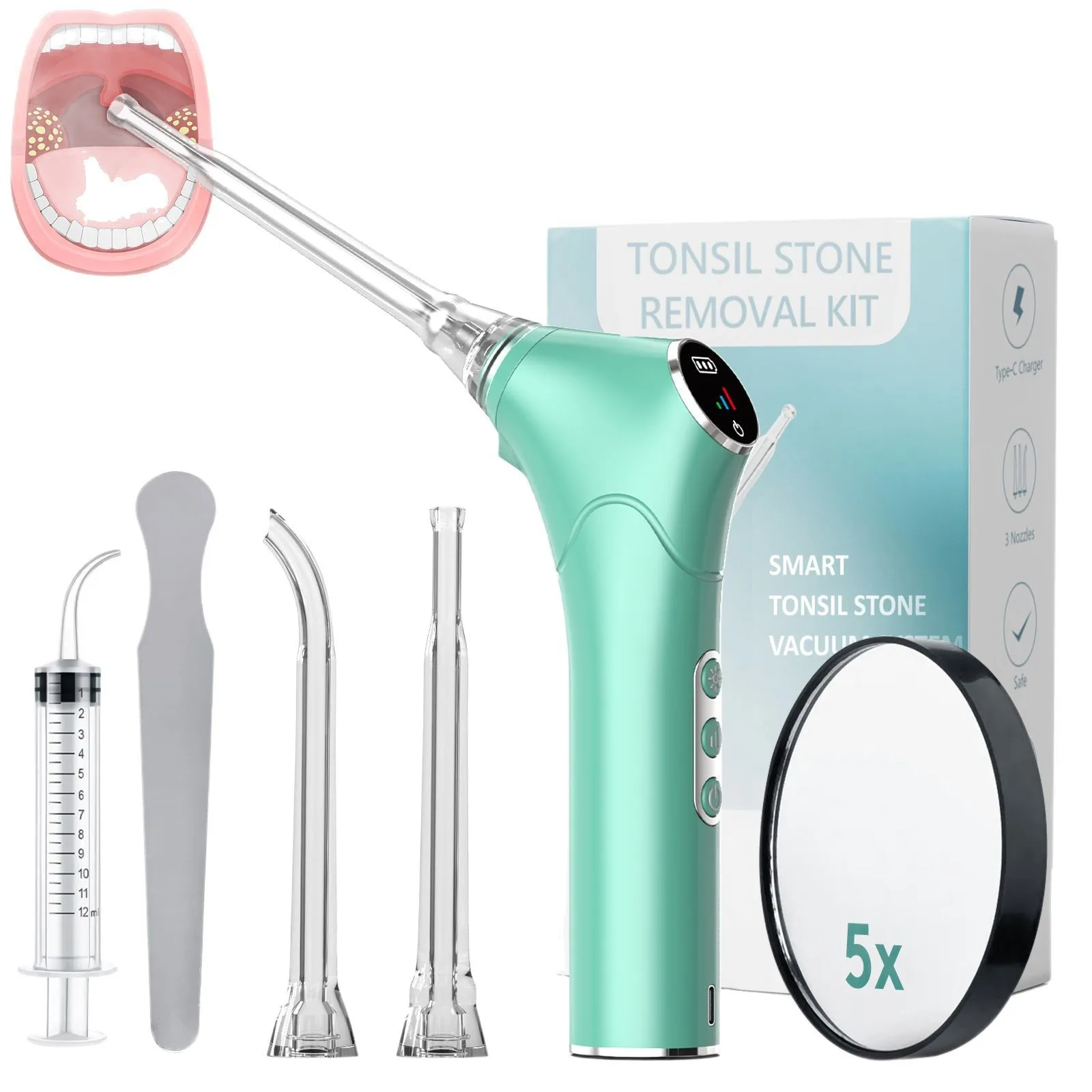 

New design green color electronic tonsil stone removal kit dental tonsil relief painless