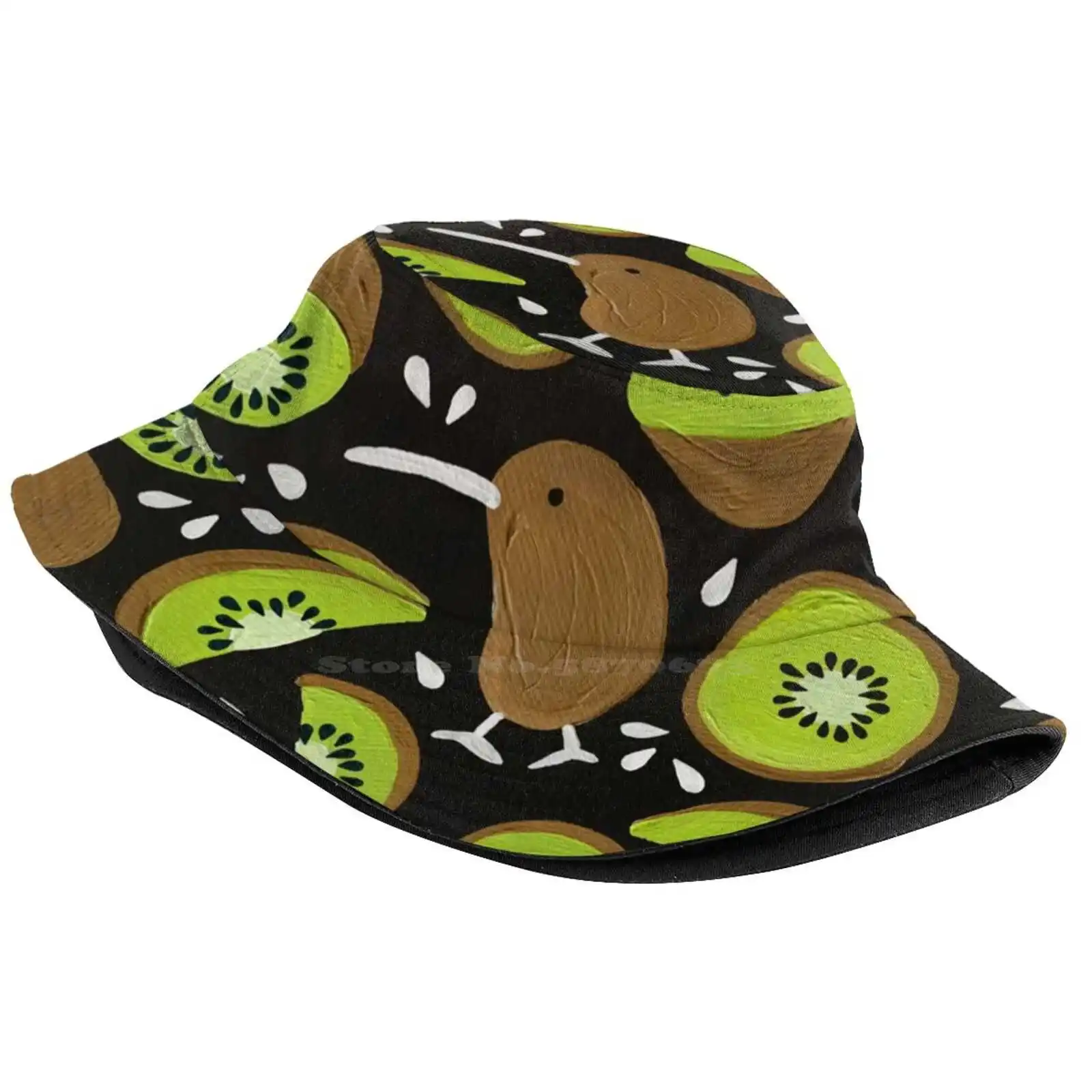 Kiwis & Kiwis – Charcoal Palette Sun Cap Fisherman Hat Bucket Hats Kiwi Bird Fruit New Zealand Pattern Green Acrylic Catcoq