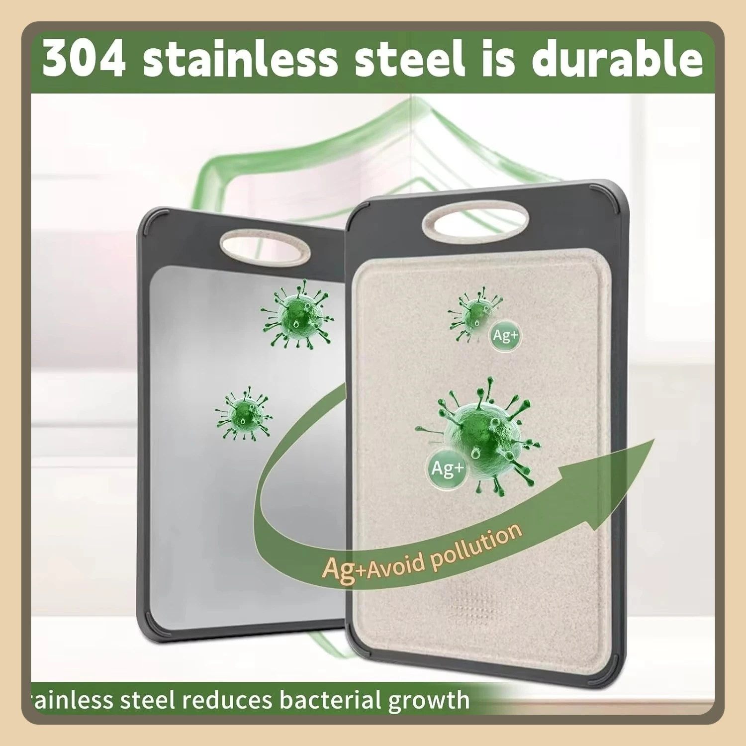 Grote dubbelzijdige snijplank, roestvrij staal en tarwestro voor vlees, groenten, fruit