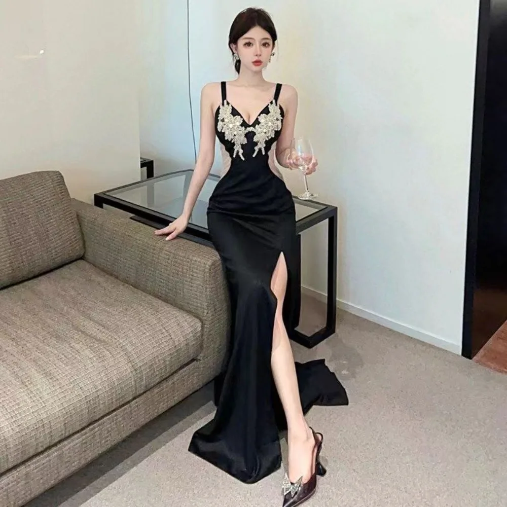 Women Slim Long Black Dress Sleeveless Mermaid Skirt Office Lady Elegant Lace Embellished Sexy Summer Ready-to-wear Dresses