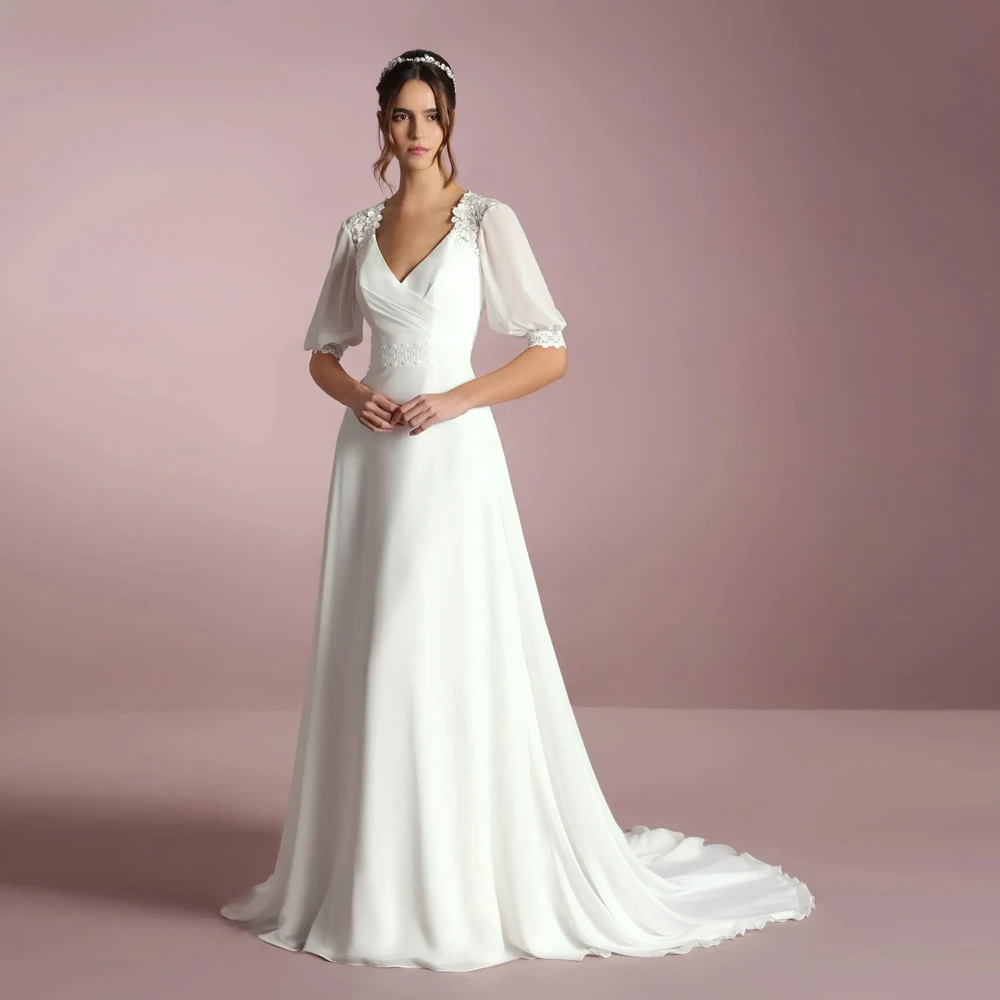 クラシック V ネックのウェディングドレス半袖ブライダル成長ジッパー背中の開いたカスタマイズされたアップリケレースシフォン新しい Vestidos デノビア