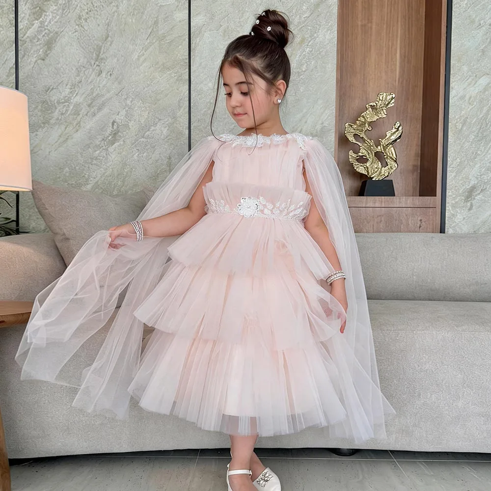 

Pink Flower Girl Dresses With Cloak Tulle Dress For Girls Applique Birthday Dress Tiered Girl Princess Dress Cute Kids' Dresses