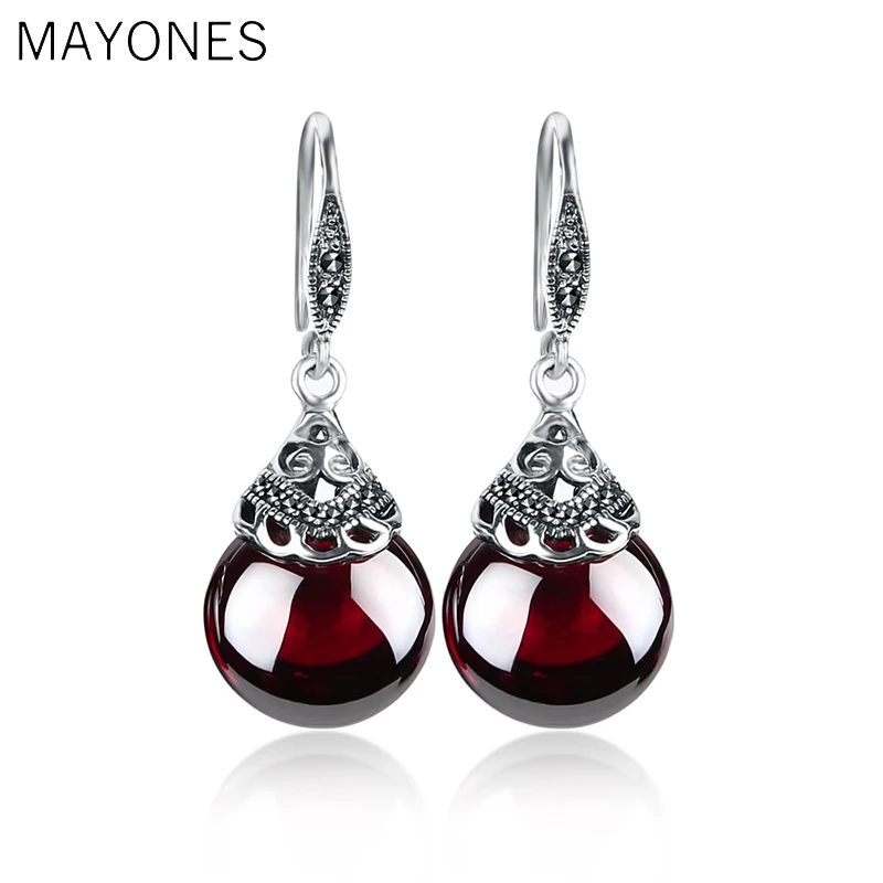 

BESTLYBUY 925 Sterling Silver Earrings For Women Retro Round Natural Garnet&agate Earrings Vintage Thai Silver Jewelry Best Gift