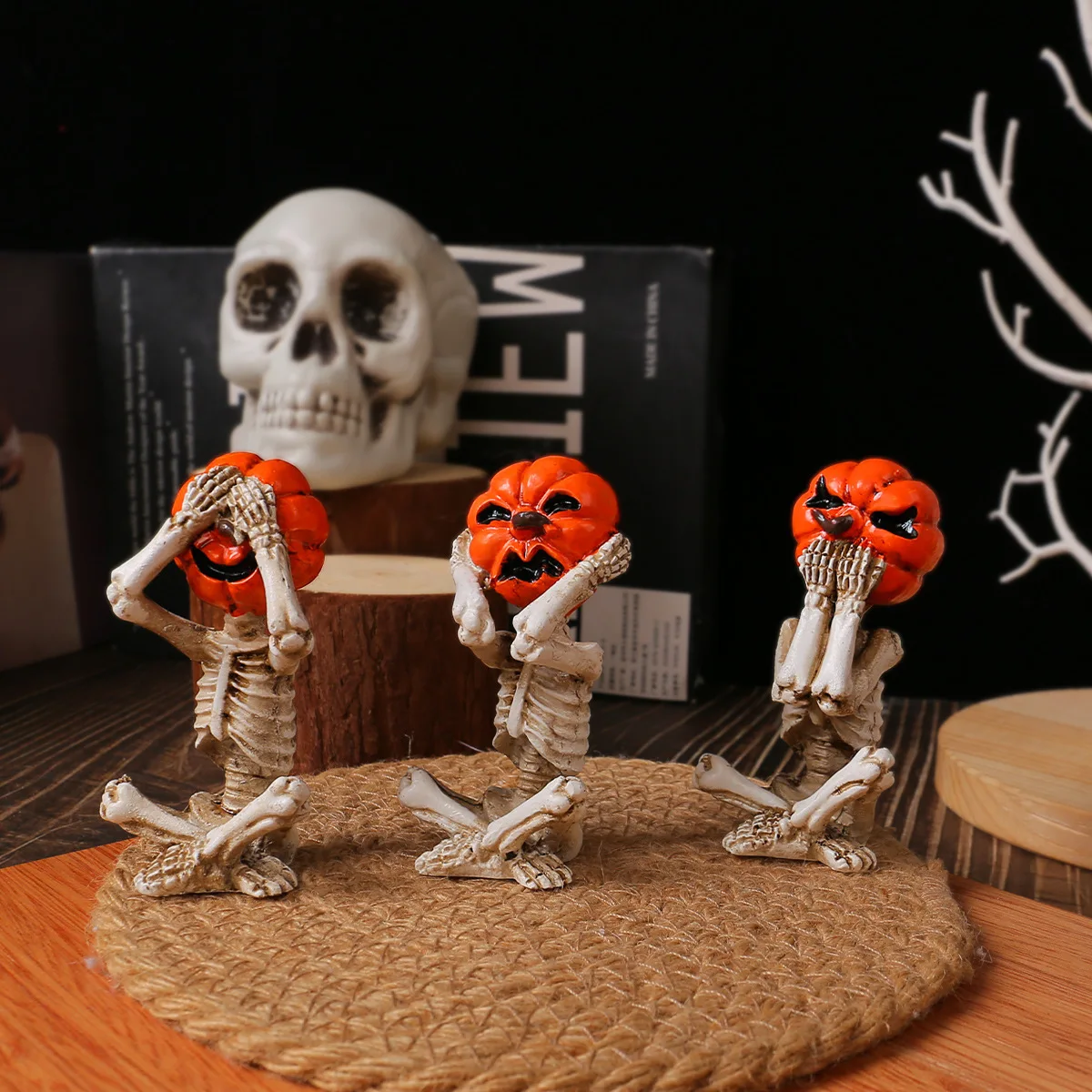 No See No Hear No Speak Pumpkin Skull Resin Figurine, Spooky Halloween Desktop Ornament, Home Holiday Decor Gift