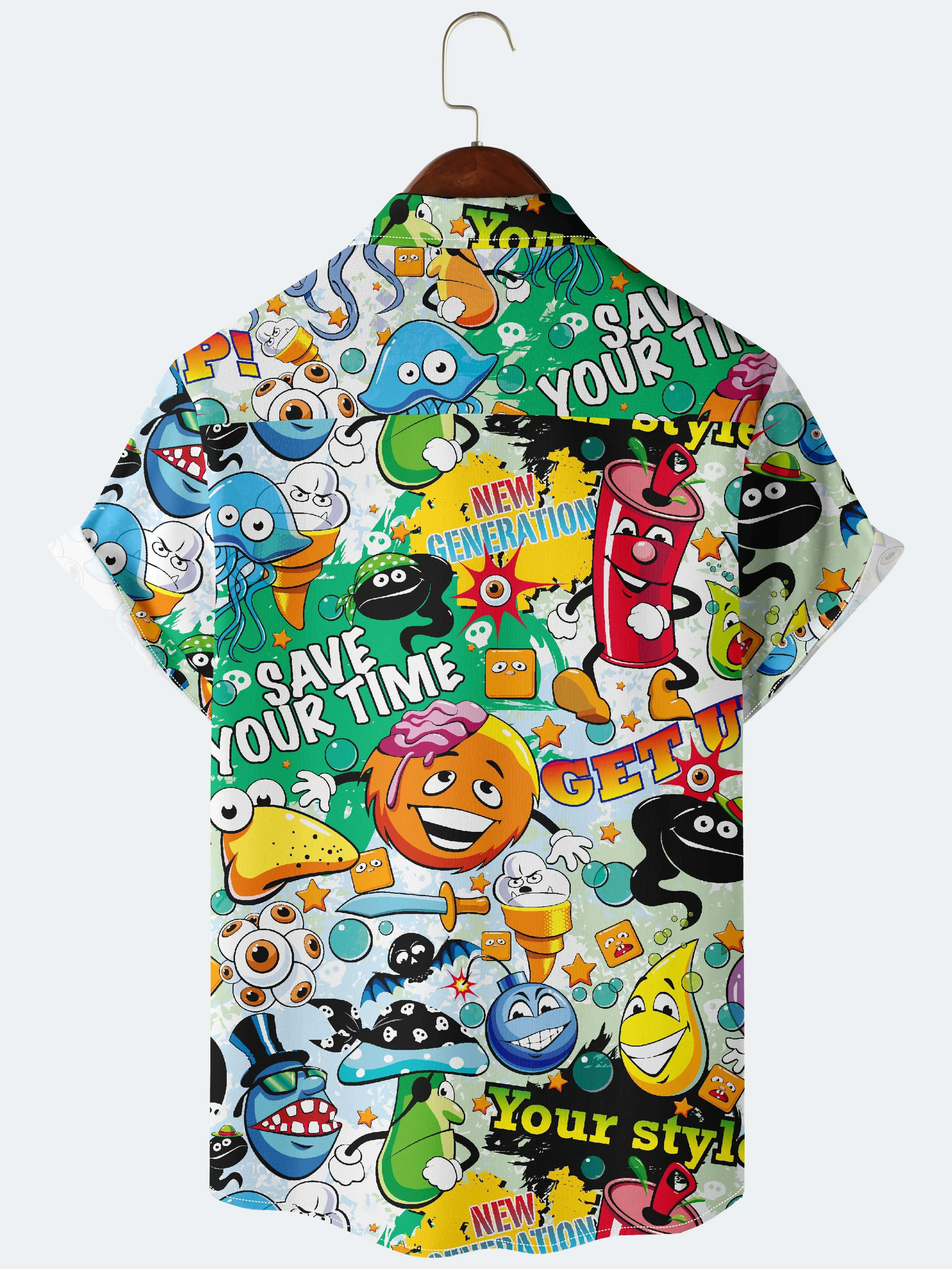 Chemise hawaïenne à imprimé dessin animé coloré, chemise boutonnée à manches courtes, chemise de plage, été décontracté, rentabilité, ha