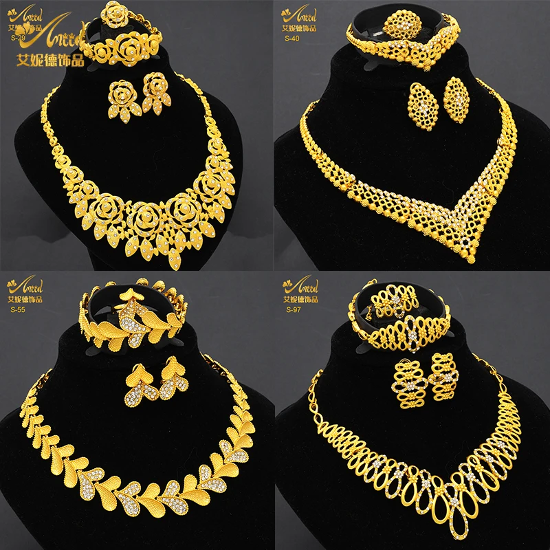 

ANIID Nigeria Dubai Gold Color Jewelry Sets African Bridal Wedding Party Gifts for Women Bracelet Necklace Earrings Ring Set