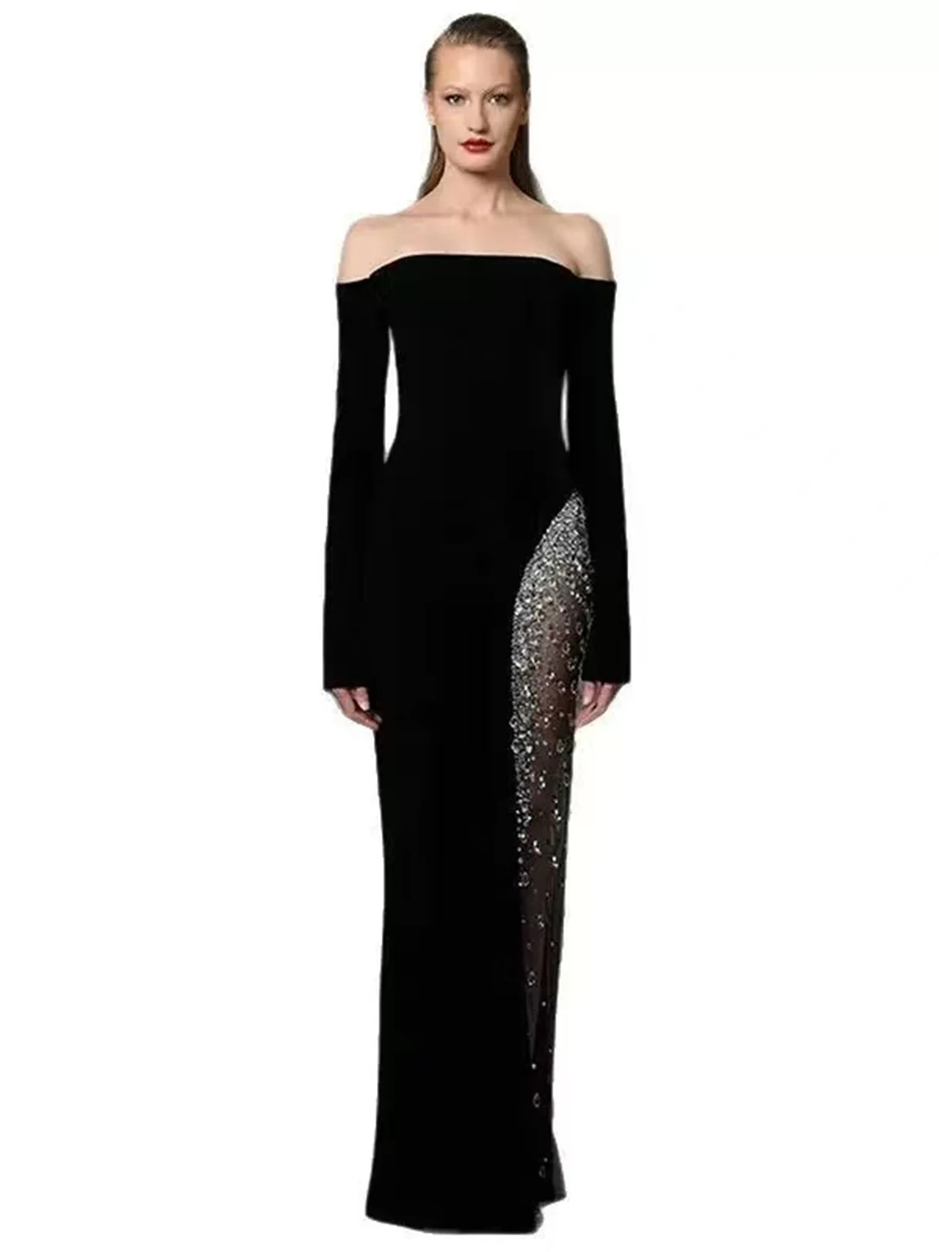 

High Quality Women'S Black Sexy Off Shoulder Long Sleeved Mesh, Diamond Crystal Bandage Long Dress Elegant Celebrity Party Dress