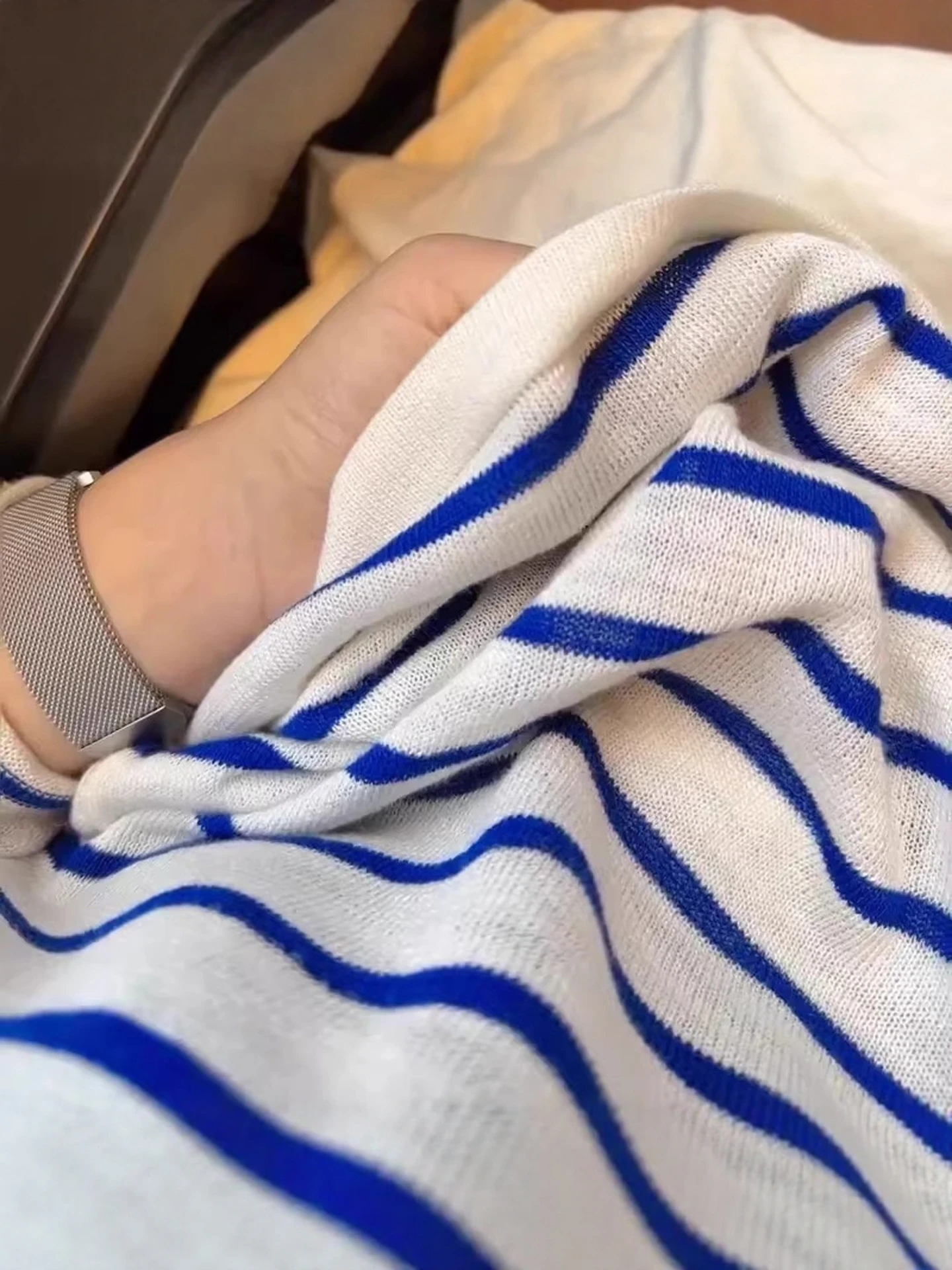 Azul listrado leve respirável camiseta feminina verão solto ar condicionado proteção solar longo sve topo coreano sle