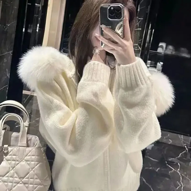 

Large Fur Collar Hooded Sweater Cardigan Women Autumn Winter New Style Lazy Atmosphere Zipper Design Knitted Long-Sleeved Jacket