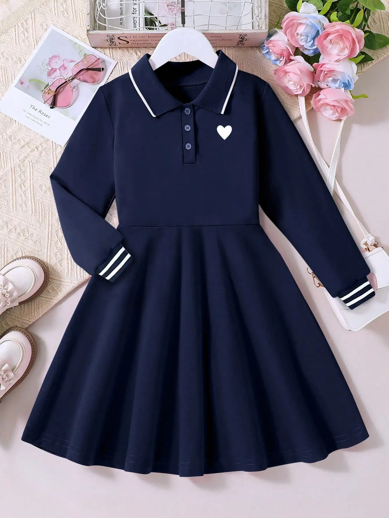 Young Girl Solid Color Half-Open Chest Dress, Spring/Autumn