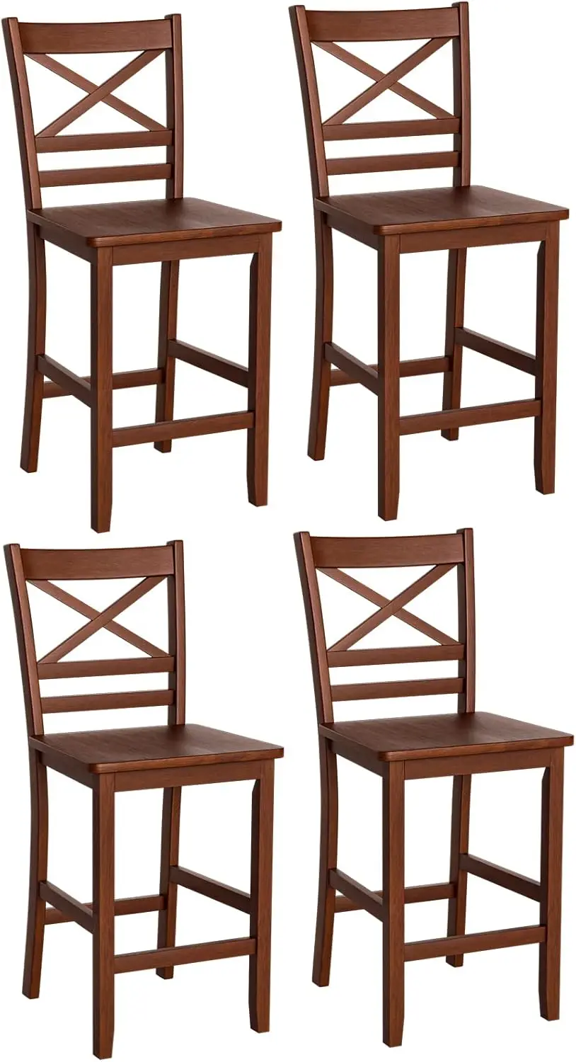 Bar Stools Set Of 4, 25'' Antique Kitchen Counter Height Chairs With Wooden X-Shaped Backrest & Rubber Wood Legs