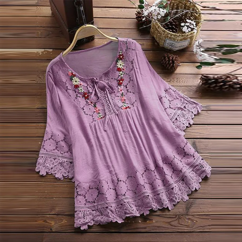 Women Ethinic Cotton Blouse Mori Girl Clothing Retro Lace Patchwork Blouse Flower Pleated Tunic Solid V-Neck 3/4 Sleeve Shirts