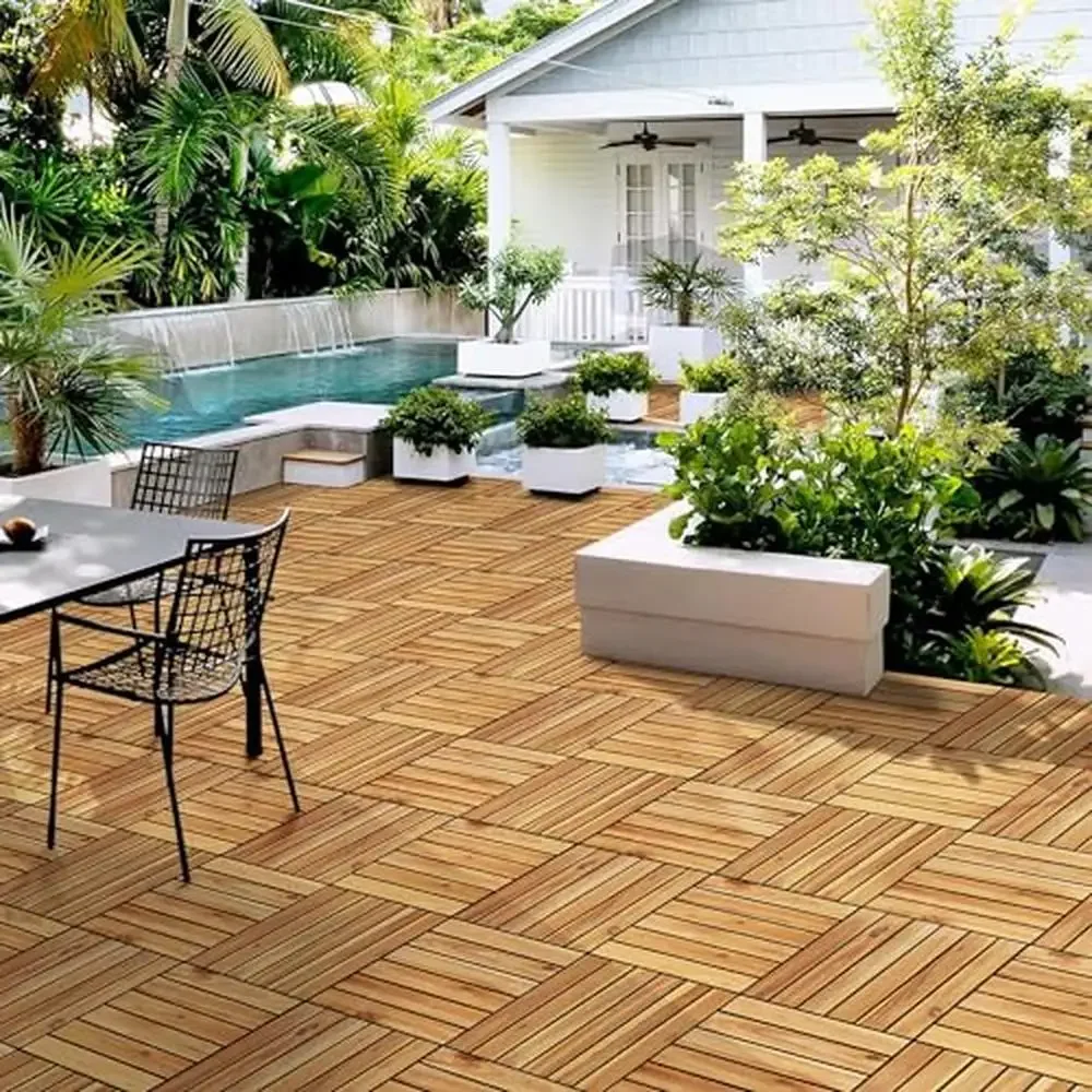 Outdoor Interlocking Acacia Wood Flooring Tiles 54PCS Waterproof Patio Garden Poolside Non-Slip