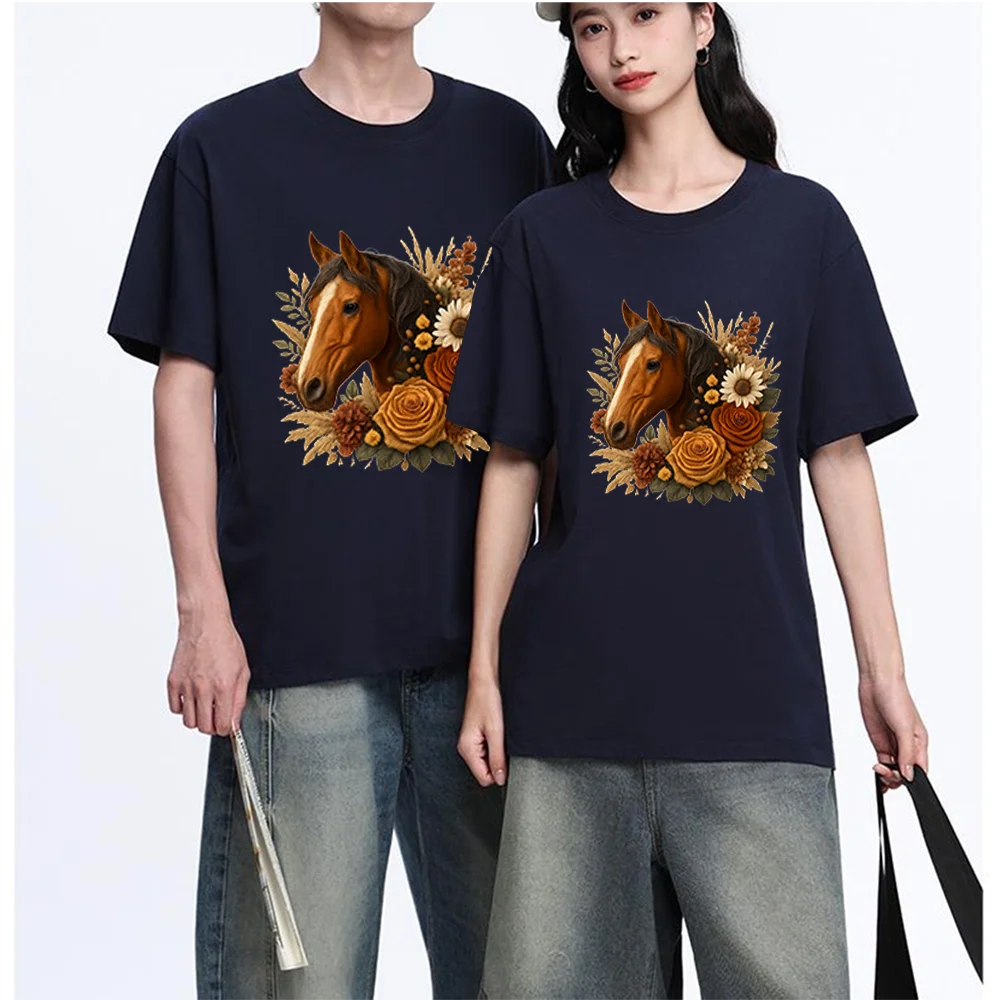 Horse Head With Autumn Flowers Printed T Shirt Breathable Fabric S-XXL Personalized Custom Casual Short Sleeve Tee Aesthetic Gra