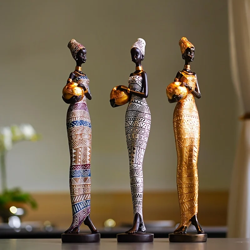 Harz gemalt schwarze Statue Dekor Figuren Retro afrikanische Frauen halten Keramik Töpfe Home Schlafzimmer Desktop-Sammlung Artikel