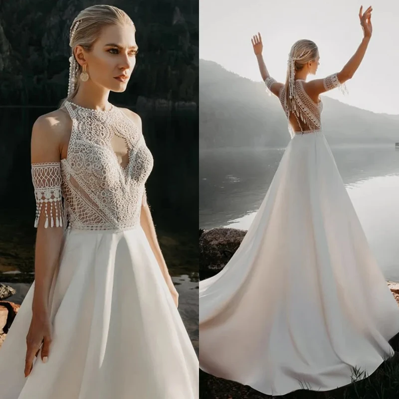 

Lace Boho Wedding Dress Court Train Sheer Back Long A Line Beach Bridal Gowns Detachable Sleeves Customized