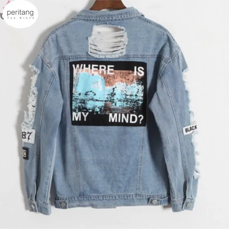 

Women Frayed Denim Bomber Jacket Appliques Print Where Is My Mind Lady Vintage Elegant Outwear Autumn Fashion Coat 2024