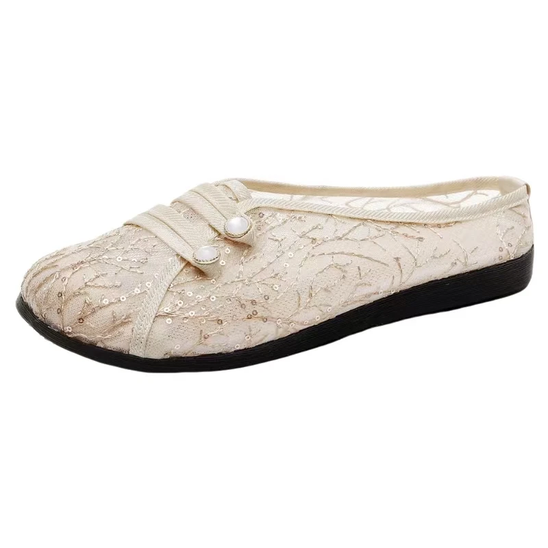

Women's New Ethnic Style Baotou Mesh Flat Sole Slippers Soft Sole Non Slip Breathable Home Slippers Outdoor Light Half Slippers