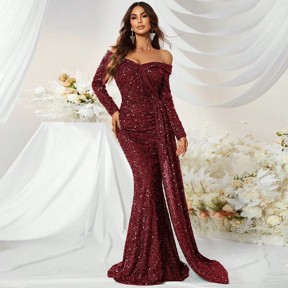 

Dark Red Full Sleeves Mermaid Dress Evening 2024 Custom Made Off The Shoulder Sequin Special Occasion Gowns Plus Size