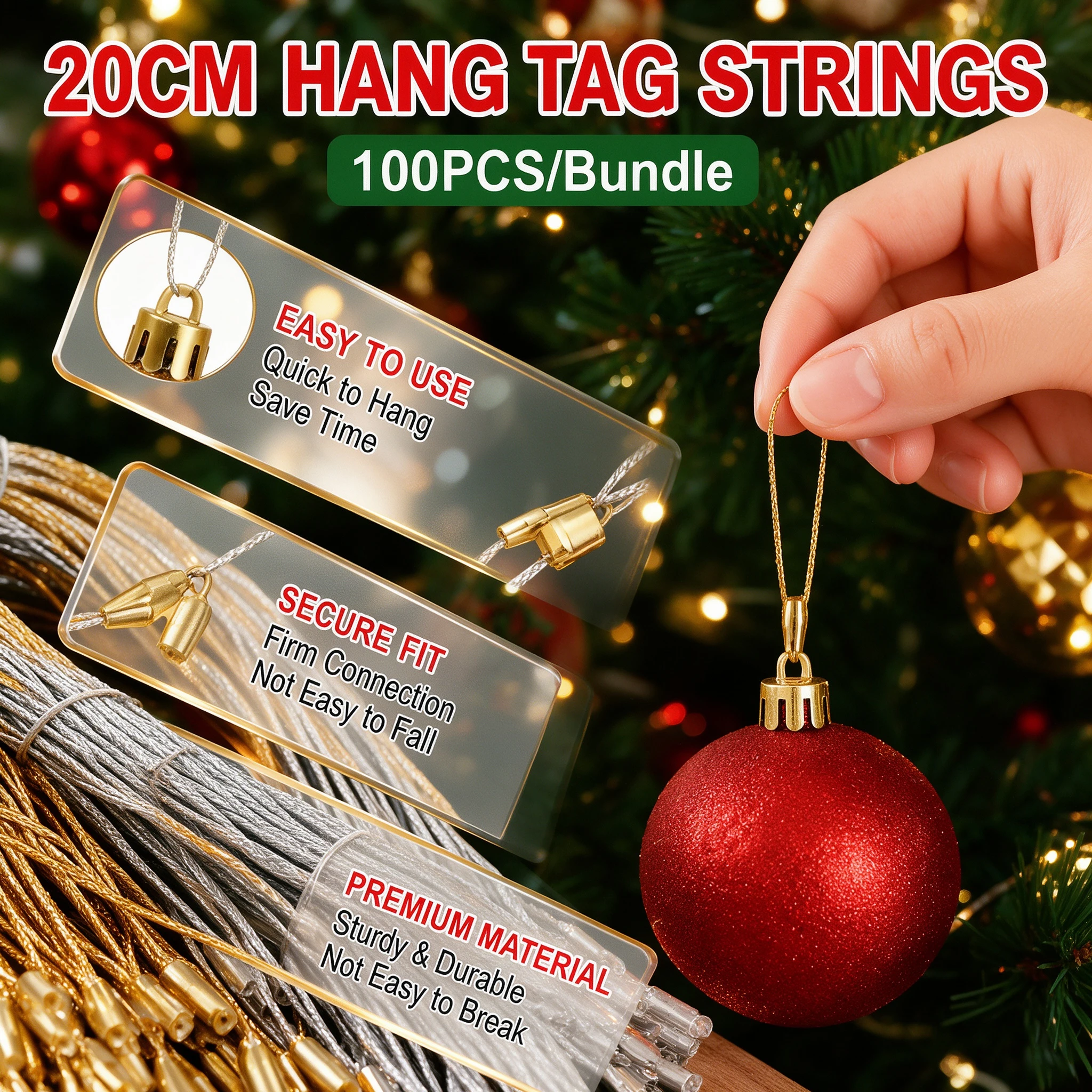 100PCS 20cm Bullet Head Gold Silver Thread Tag Rope Christmas Hanging Ornament String for Festival Decor