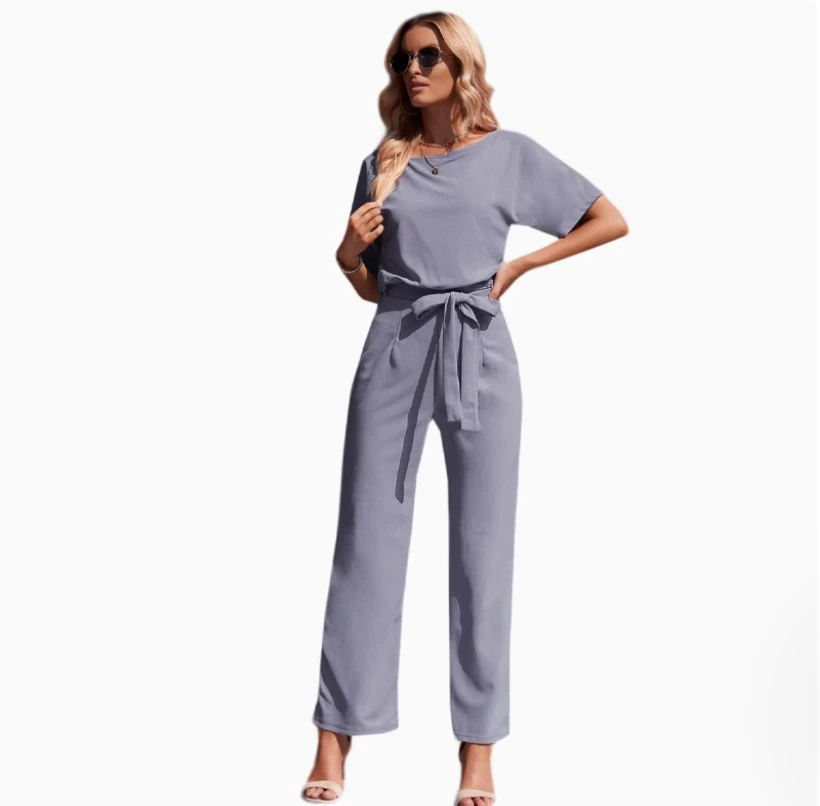 

Summer new solid color round neck short sleeved jumpsuit women's casual versatile strap mid waist jumpsuit long pants women