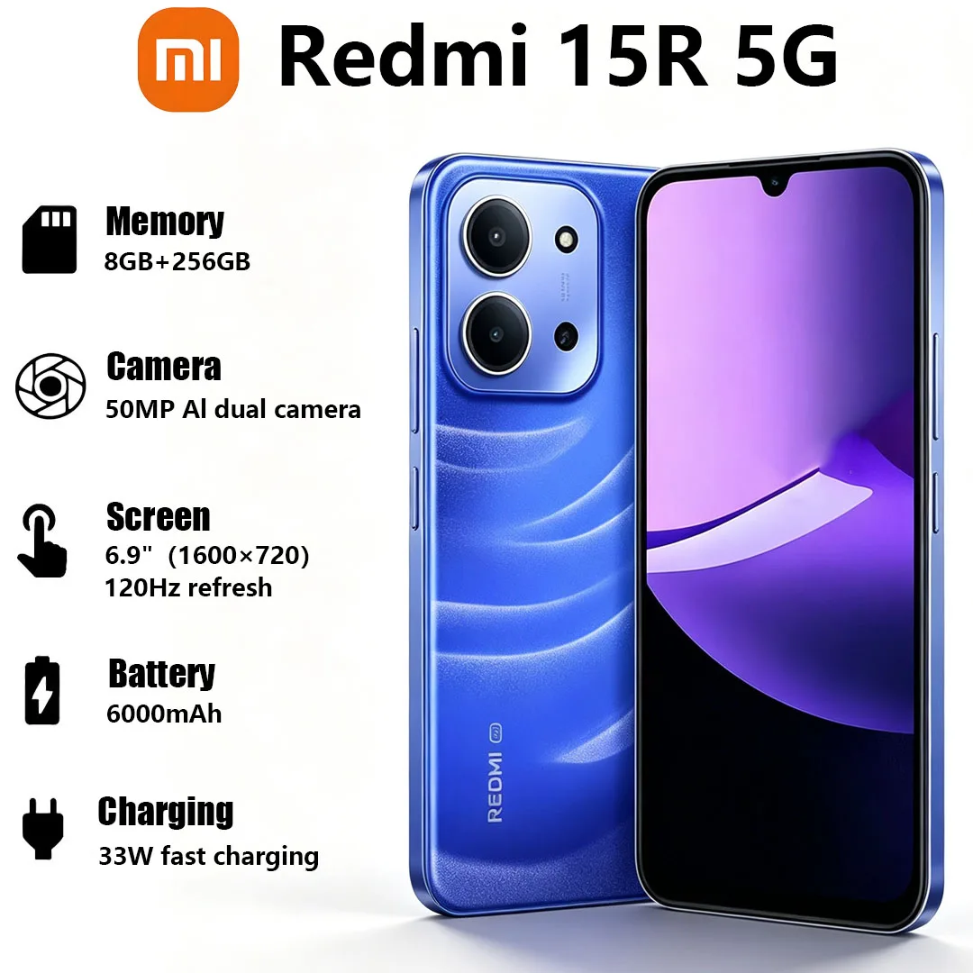 Xiaomi Redmi 15R 5G Global Version Mobile Phone 6.9" 120Hz Big Screen 50MP Camera 6000mAh 33W Fast Charge Dual-SIM Smartphone