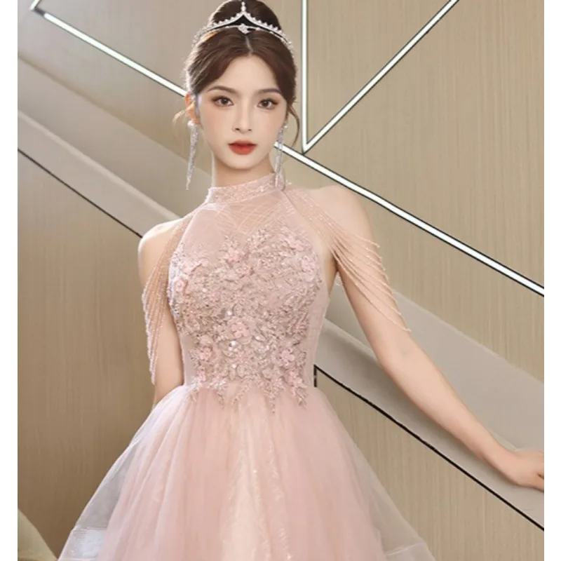 

Pink Evening Dress Fashion Sexy Sequined Tassel Sleeveless Neck Princess Fluffy Dress Formal Dress Women Elegant Party Dresses