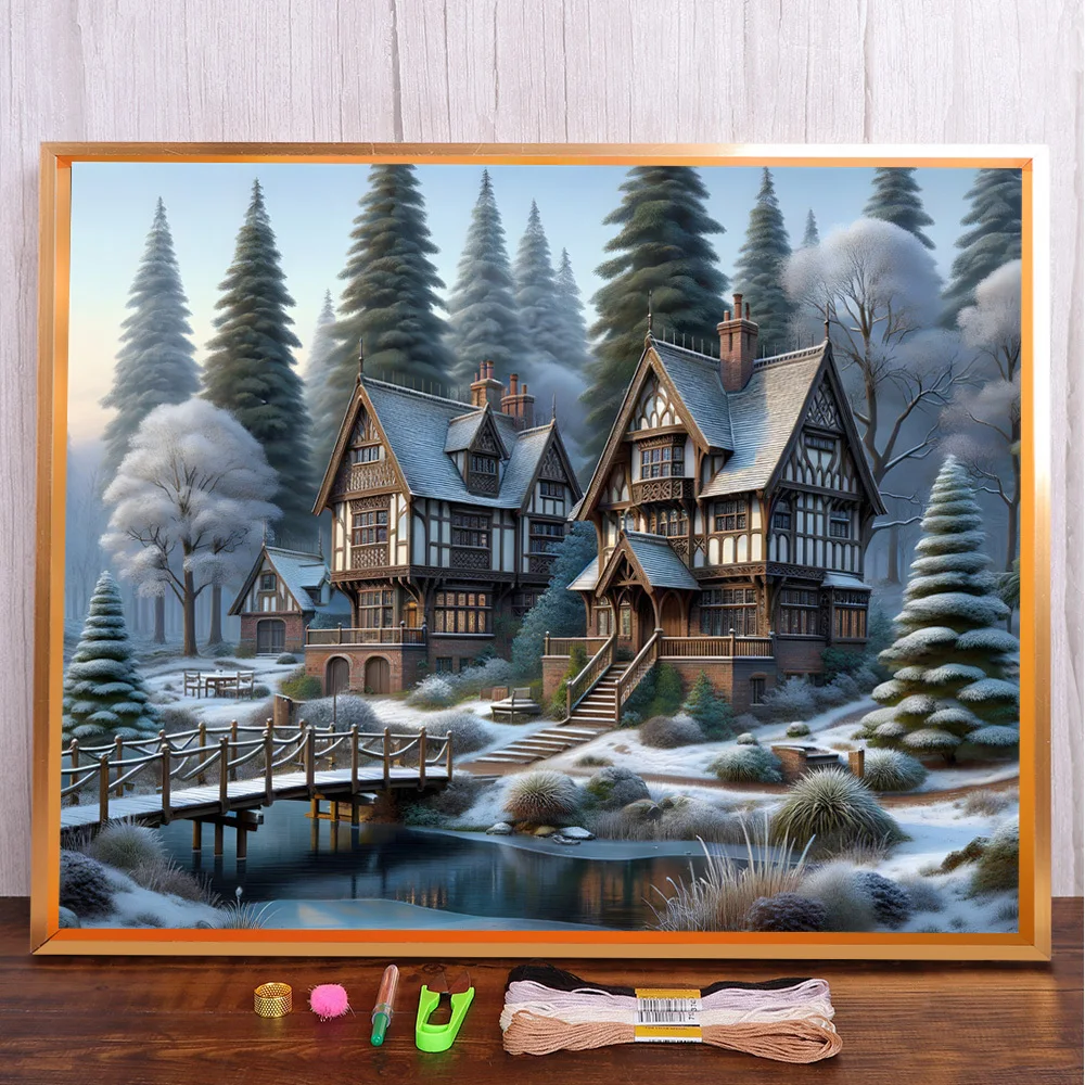 Landscape House By River Printed Fabric Cross-Stitch Patterns Embroidery Knitting Handicraft Handmade Sewing Magic Mulina Needle