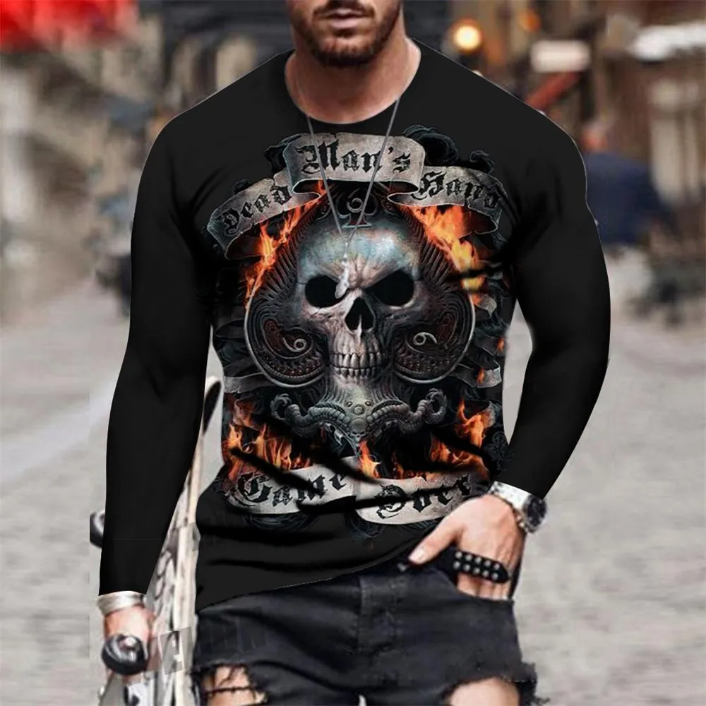 O-Neck Long Sleeve Plus Size T-shirt Men\'s Clothing Retro Men\'s Long Sleeve T-shirt 3D Printing Skull Long T-shirt Men\'s Street