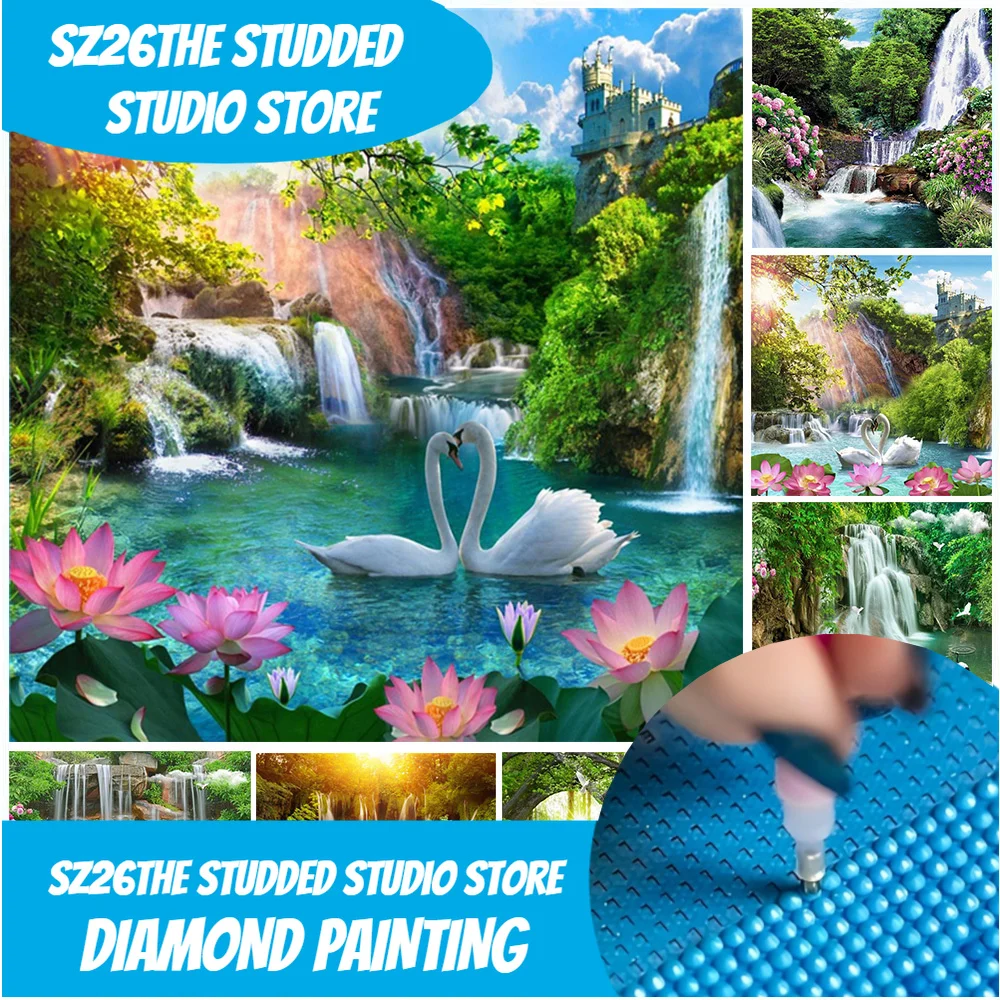 

Sz26Сшипованная алмазная живопись «сделай сам», водопад, мозаика, пейзаж, 5D алмазная вышивка, лебедь, дерево, настенное искусство, стразы, фотографии