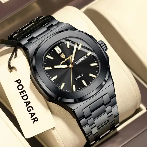 Imagen 2 del producto POEDAGAR, relojes cuadrados originales para hombre, fecha semanal, reloj de acero inoxidable para hombre, reloj de pulsera de cuarzo luminoso resistente al agua de lujo para hombre