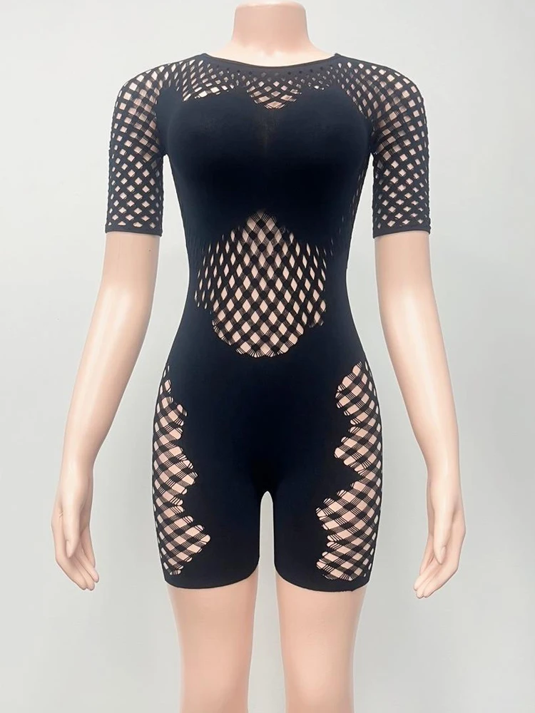 Whatiwear مثير انظر من خلال Playsuits النساء س الرقبة قصيرة الأكمام نحيل الخوخ الأرداف هوتي منتصف الليل نادي حفلة Coquette السروال القصير