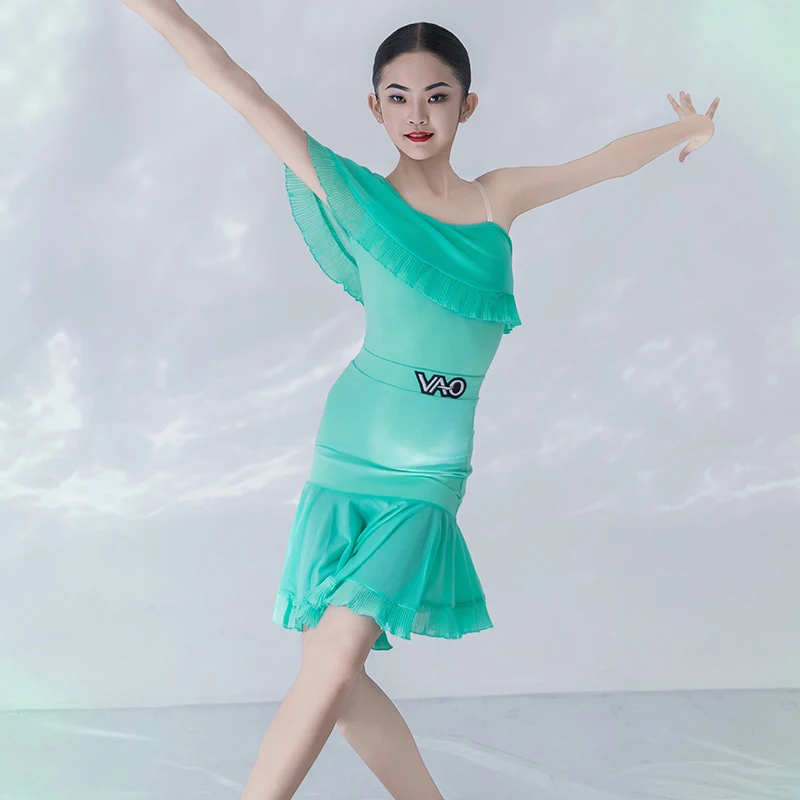 Abito da ballo latino verde per ragazze, abbigliamento da pratica, gonna con una spalla, abiti da spettacolo, costumi di danza latina per bambini BL15043