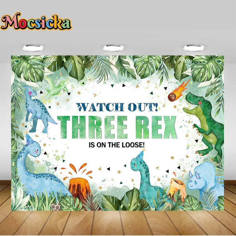 Three-rex Birthday Backdrop for Boys Dinosaur 3rd Birthday Green Leaf Background 3 Years Old Dinosaur Theme Party Banner Decor