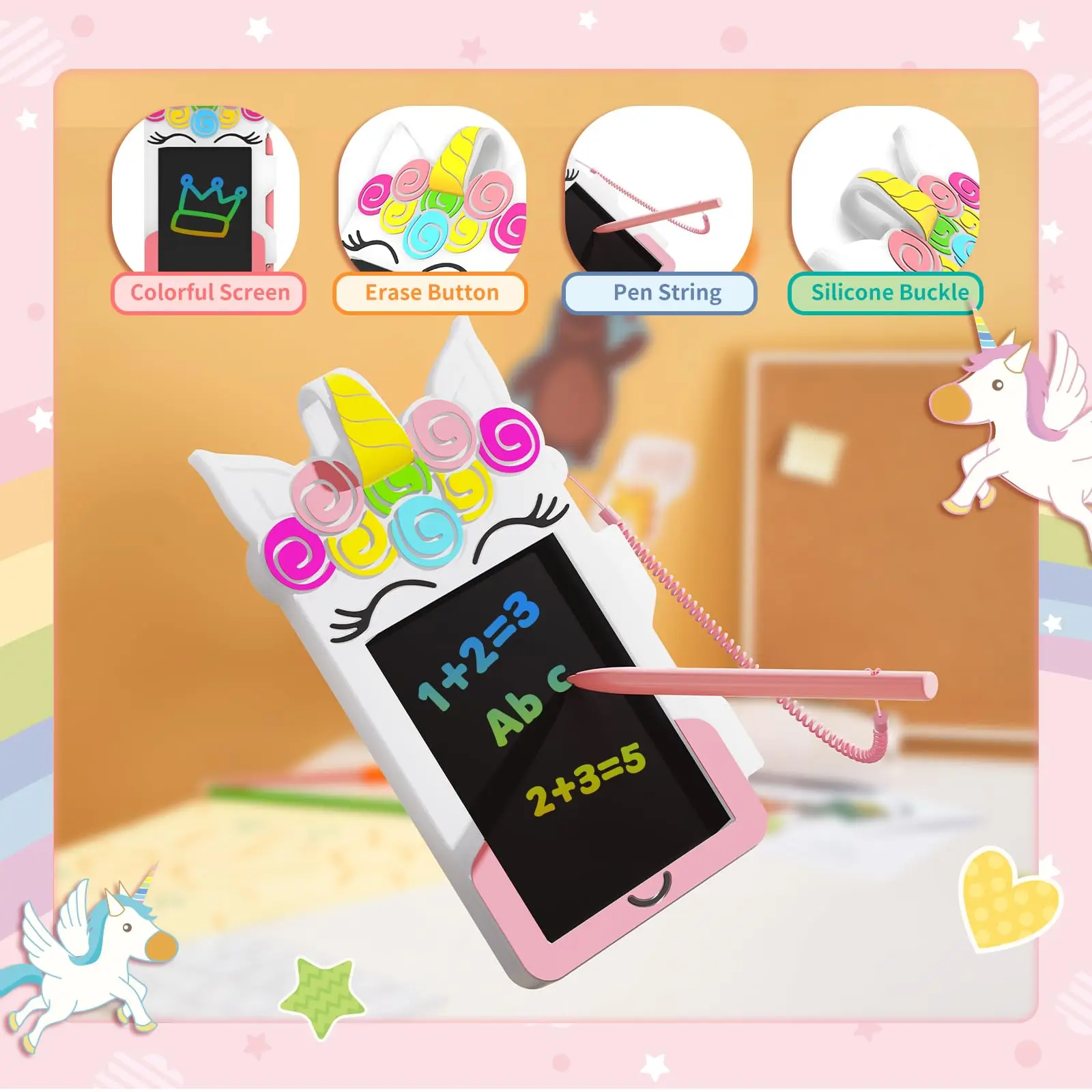 Unicorn LCD Writing Tablet for Kids 4.5 inch Doodle Board for Ages 3 4 5 6 7 Toddler Travel Toys Rainbow Mini Drawing Pad NEWYES