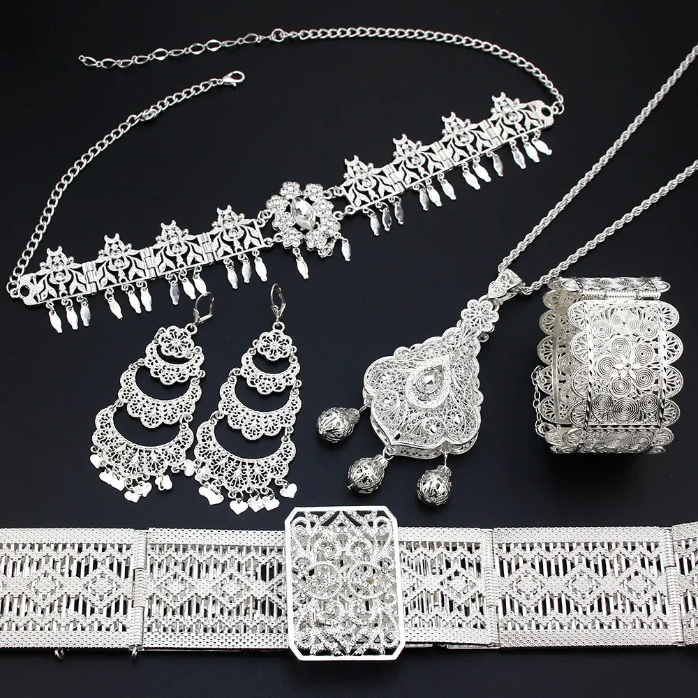 Neovisson Luxuriant Jewelry Sets Silver Color Women Hairchain Earring Bangle Necklace Caftan Belt Algeria Ladies Favorite Gift