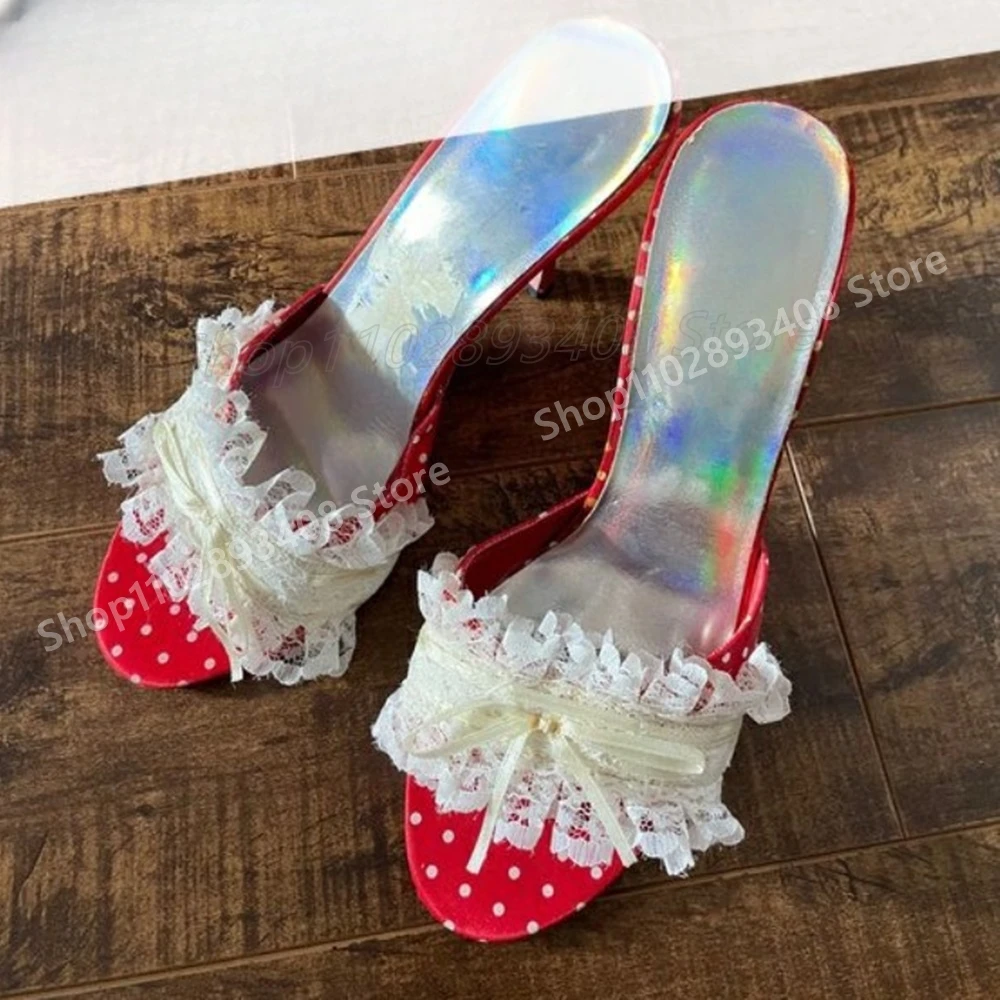 

Red Dot Print Lace Butterfly Knot Slippers Peep Toe Sweet Party Wedding Stiletto High Heel Women Shoes 2025 Summer Para Mujere