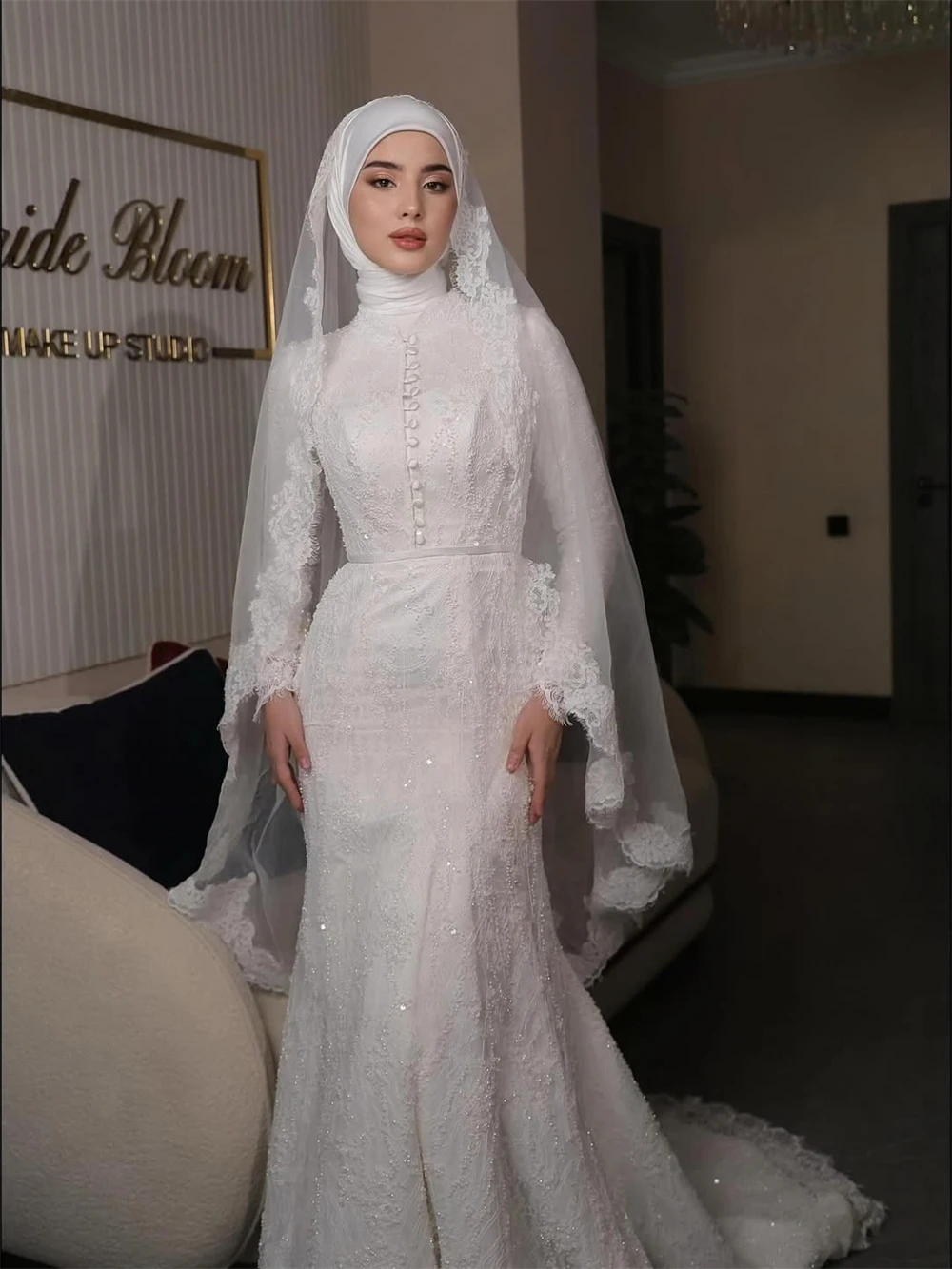 

Customized Soft White Lace Bridal Gowns Boho O-Neck Long Sleeves Wedding Dress Classic Mermaid Long Sleeves Vestido De Novia