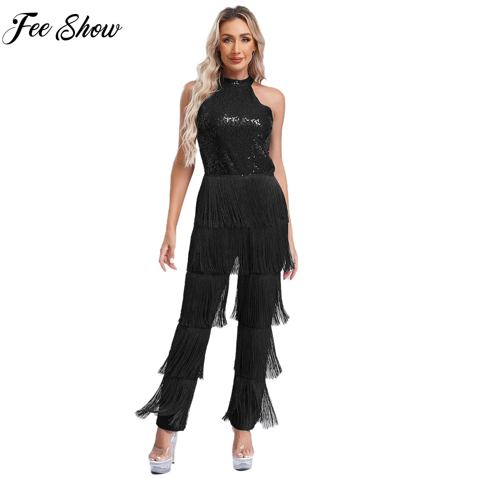 Women Latin Jazz Cha-cha Dance Bodysuit Costume Sleeveless Backless Sequins Tassel Romper Halter Stgae Traning Jumpsuit Clubwear