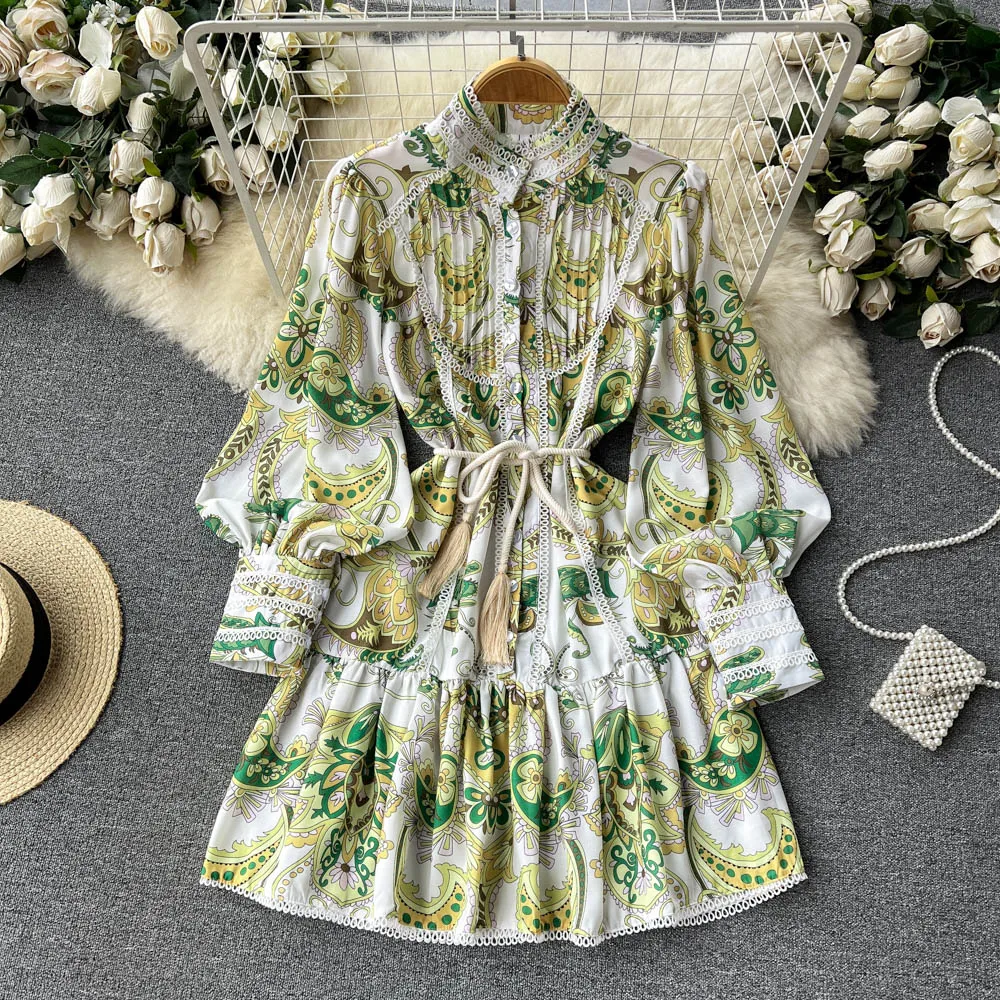 

New In Dresses Lace Trim Elegant Vintage Floral Print Dress Women Stand Collar Long Sleeve Buttoned Holiday Mini Dress With Belt