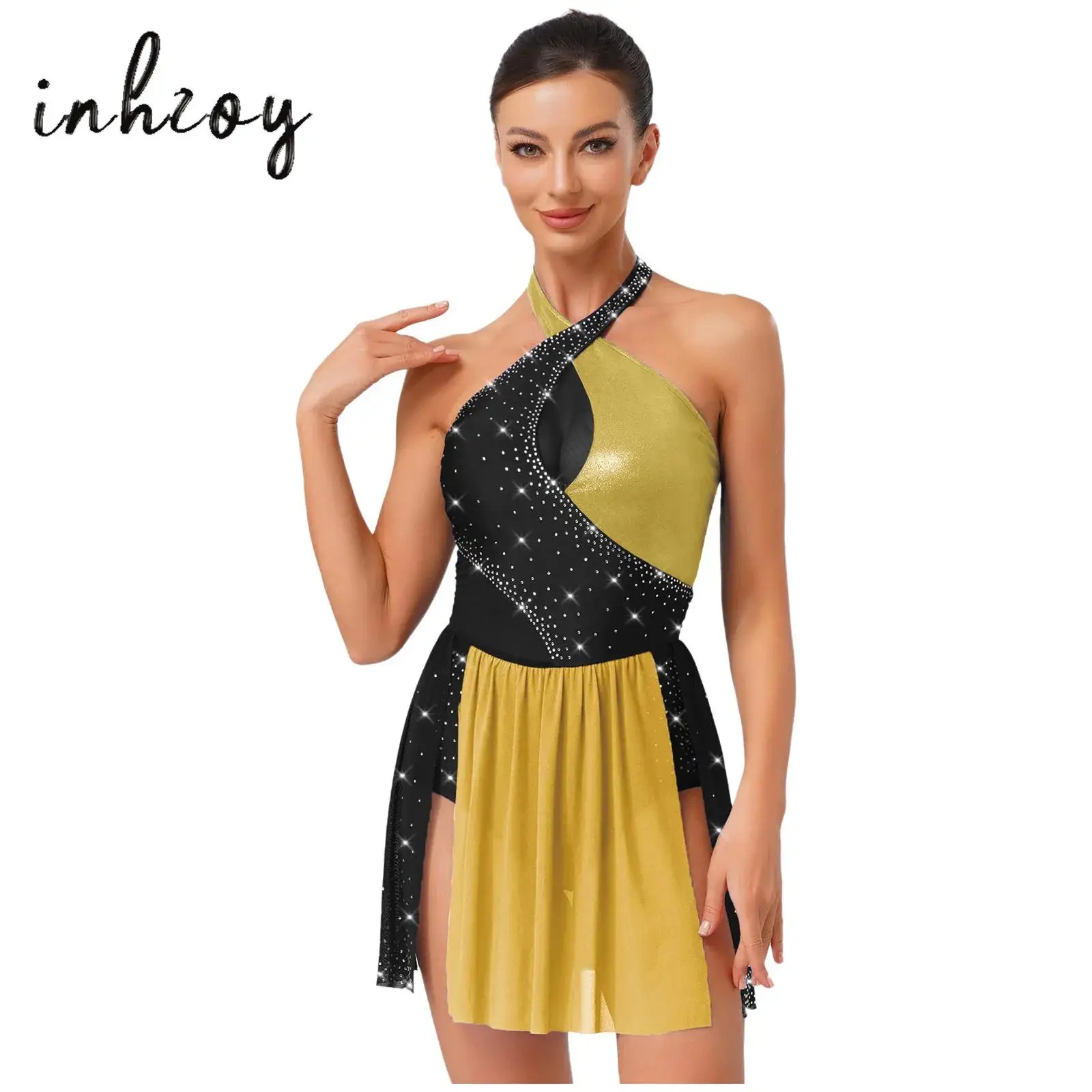 

Womens Figure Skating Leotard Halter Rhinestone Contrast Color Irregular Hem Skirted Bodysuit Ballet Dress Latin Dance Costume