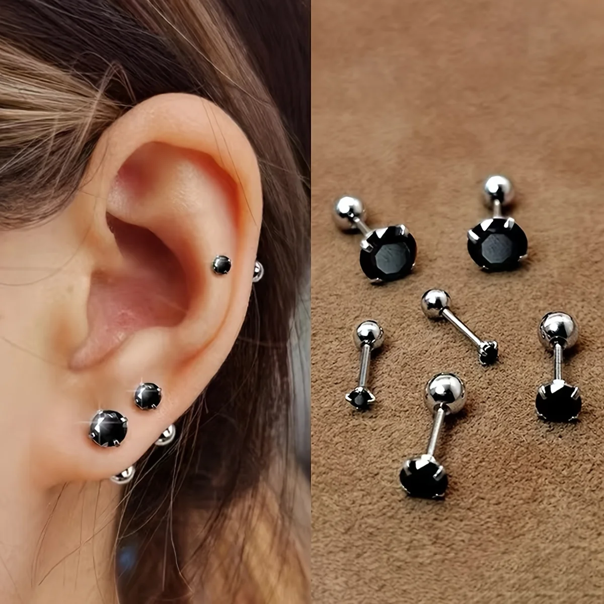 1/4pairs Medical Stainless Steel Black Crystal Zircon Ear Studs Earrings For Women Men 4 Prong Tragus Cartilage Piercing Jewelry