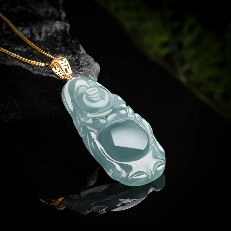 Natural A- Level Blue Water Standing BuddhaStone 18K Gold Inlaid Women's Jade Pendant Fashi