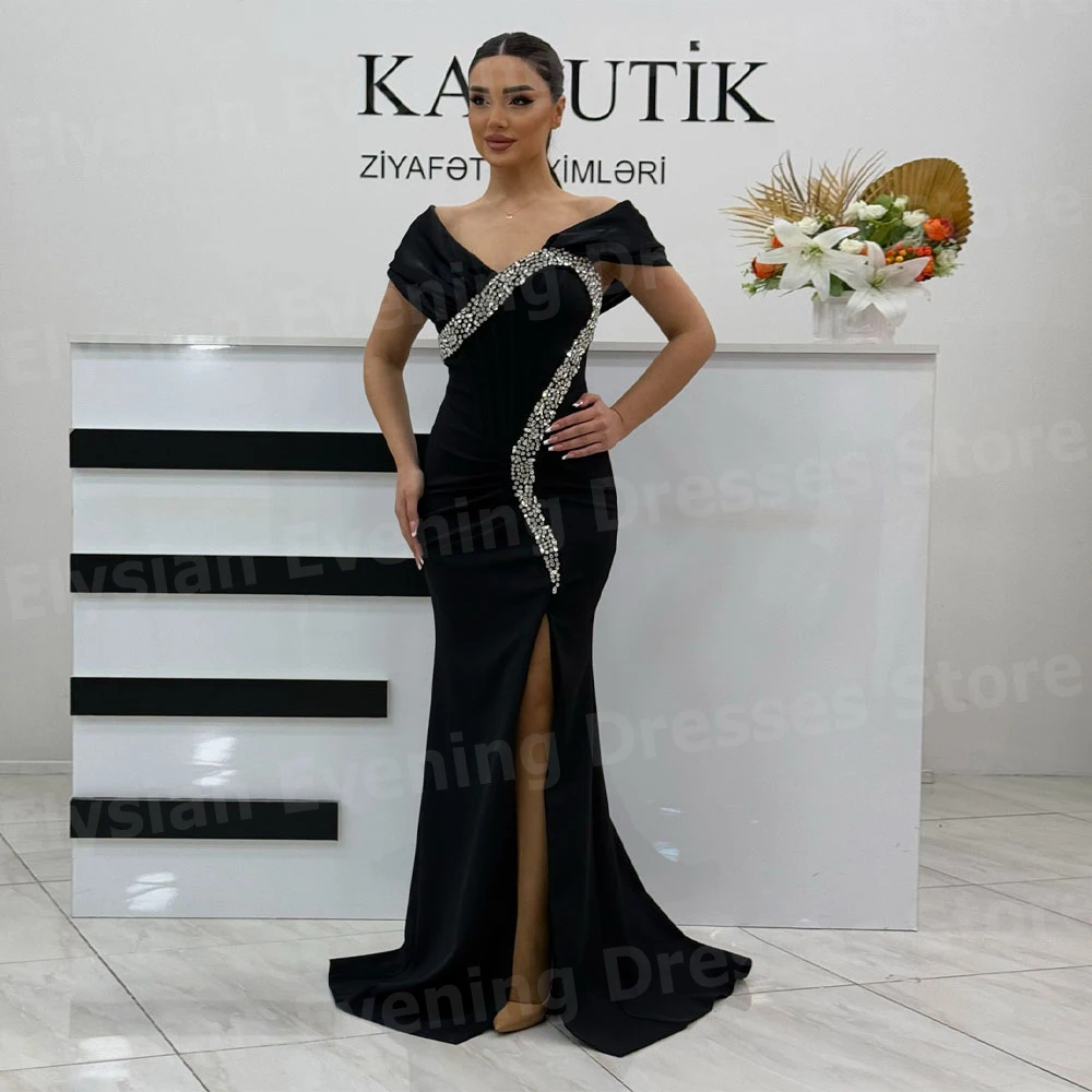 2025, elegante Damen-Meerjungfrau-Abendkleider, schulterfrei, mit Perlen verziert, maßgeschneiderte Abendkleider, ärmellos, Seitenschlitz, Vestido De Noche