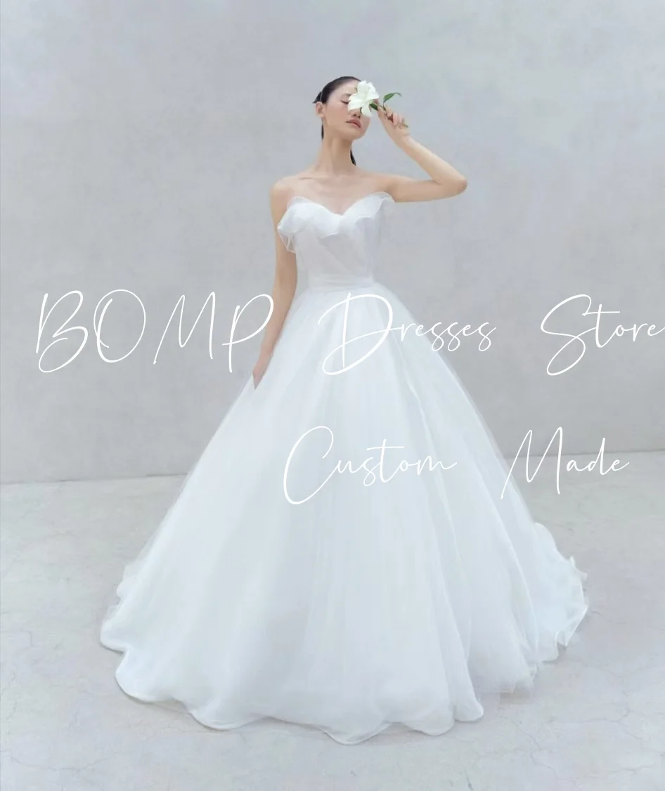 BOMP 우아한 화이트 웨딩 파티 드레스 연인 A 라인 바닥 길이 Organza 한국 사진 촬영 신부 리셉션 가운 맞춤형