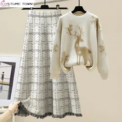 Large Women's Autumn and Winter Set 2023 New Christmas Deer Versatile Sweater Women's Slim Half Skirt Two Piece Set